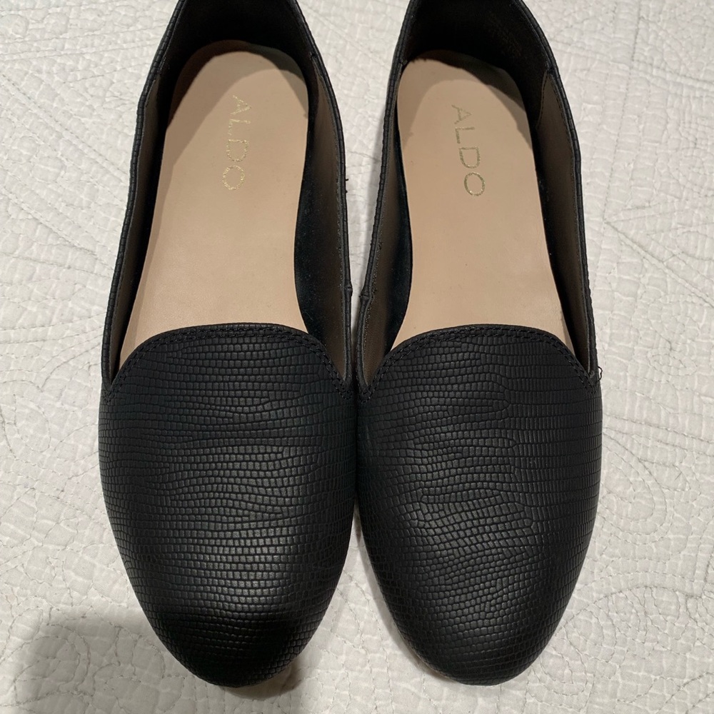 Aldo Black Faux Snakeskin Loafer Flats